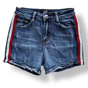 MAO Many Awesome Opportunities Junior M Distressed Side Stripe Denim Shorts Y2K